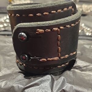 Black Leather Cuff Bracelet with Brown Stitching